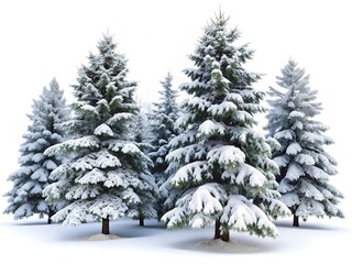 Snow covered pine trees isolated on white background