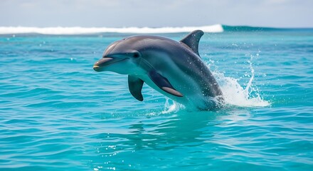 Fototapeta premium Two dolphins leaping playfully in the ocean.