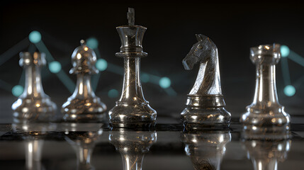 Chess pieces on black background. Chess problems, chess pieces on a chessboard. Black chess win tournament. A pawn, rook,  queen,  king, and a knight. Chess pieces glass, chess pieces on a chessboard.