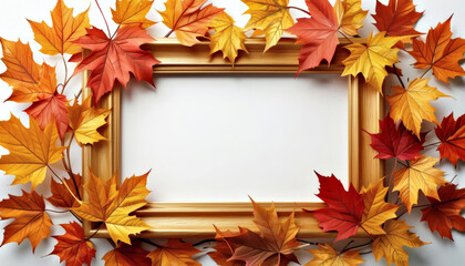 A wooden frame with space for text and decorated with bright autumn leaves, perfect for framing seasonal artwork or messages.