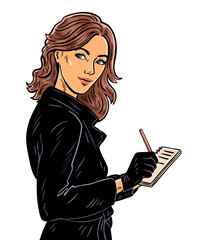 Female detective writing notes in noir style
