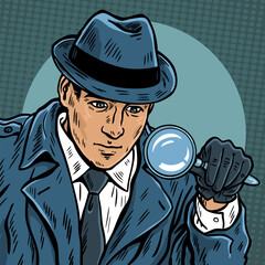 Male detective with magnifying glass noir scene