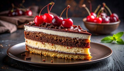 Rich layered chocolate and vanilla cake with fresh cherries, on a dark plate.