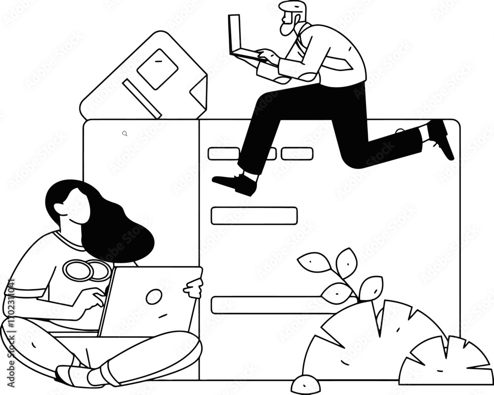 Poster dynamic duo collaborating energetically on laptops, symbolizing modern teamwork and digital innovati