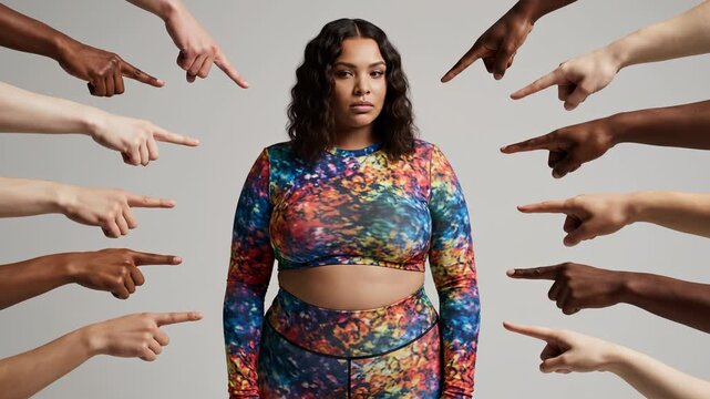 Woman surrounded by pointing fingers, looking sad. A powerful portrait depicting pressure and isolation. Judgment, social anxiety, self-esteem issues.