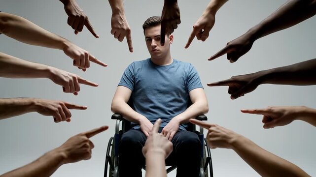 Man sits in wheelchair with fingers pointing at him in studio. A striking portrait of discrimination and accusation. Isolation, social stigma, marginalization.