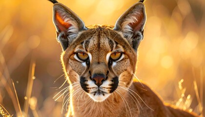 Stunning Caracal portrait, warm golden light, blurred background. Wildlife beauty.