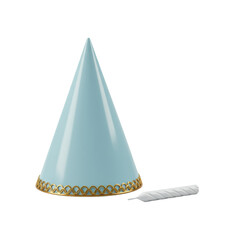 Fototapeta premium Pastel blue glossy party hat with golden rim, transparent unlit birthday candle, isolated on transparent background, close-up studio shot, luxurious celebration concept