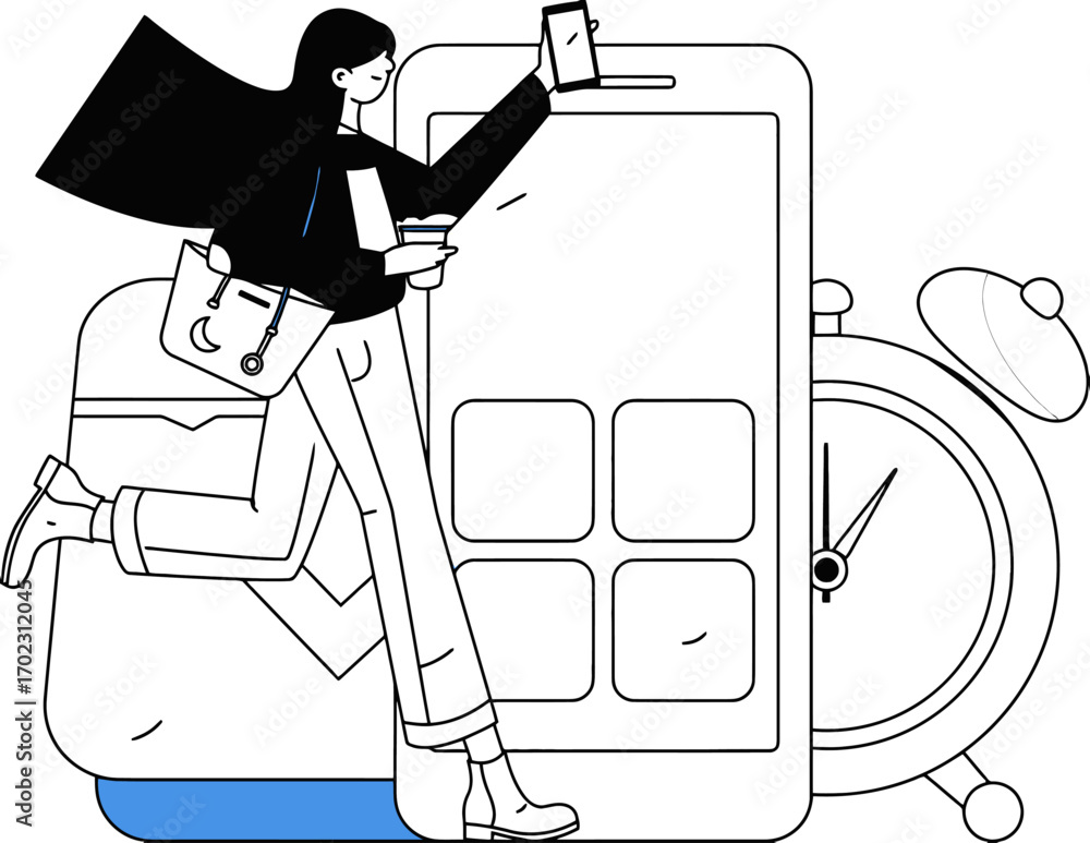 Poster dynamic businesswoman navigates busy schedule with smartphone and coffee, embracing modern workflow 