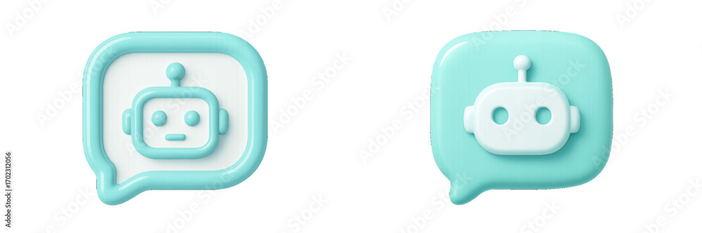 Poster two stylized robot head icons in speech bubbles symbolizing artificial intelligence and digital comm