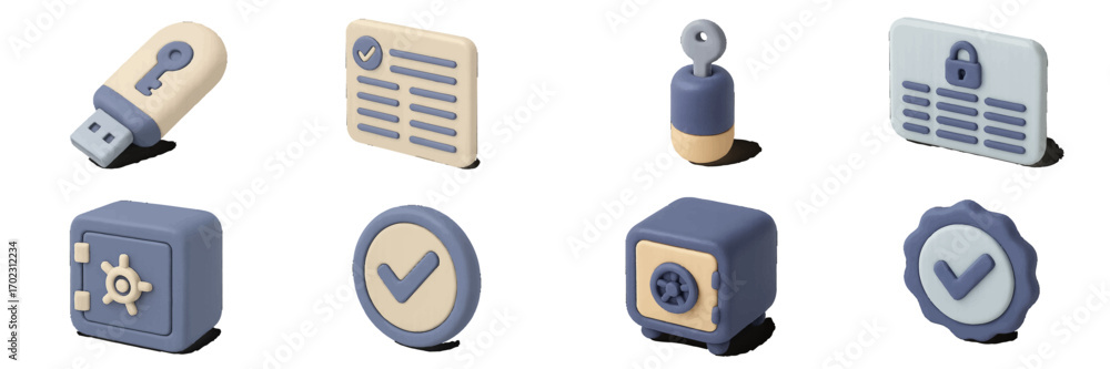 Poster modern digital security and data protection symbols featuring keys, locks, safe boxes, and verificat