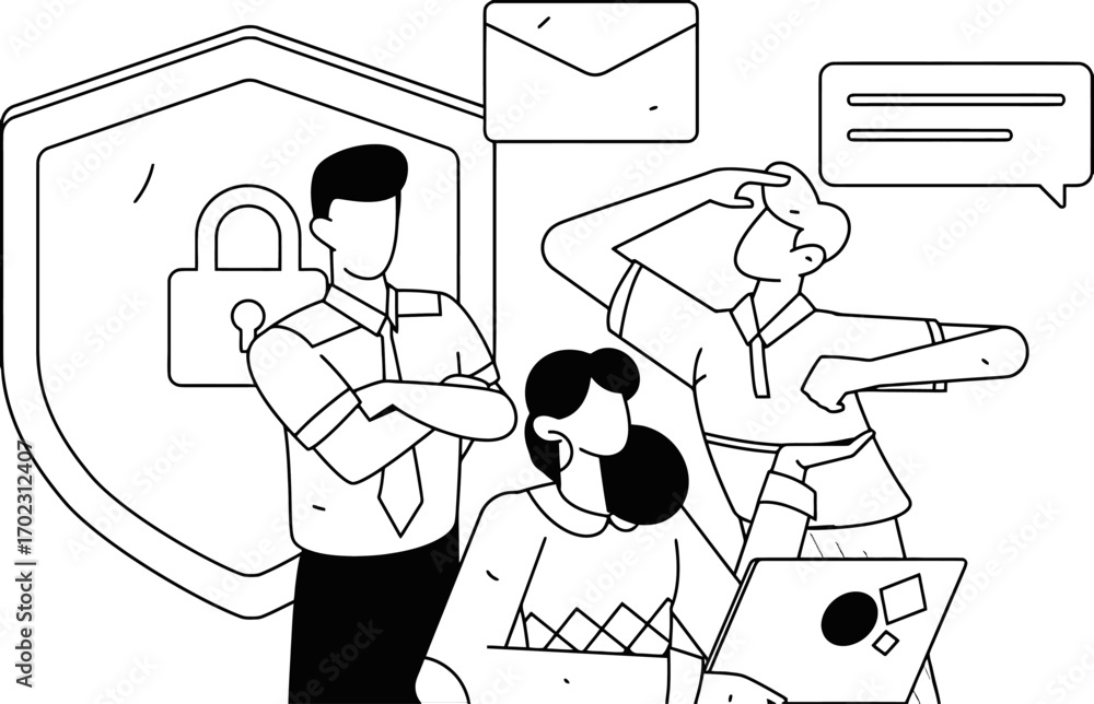 Poster dynamic team collaborates on secure digital strategy with lock icon and communication symbols, foste