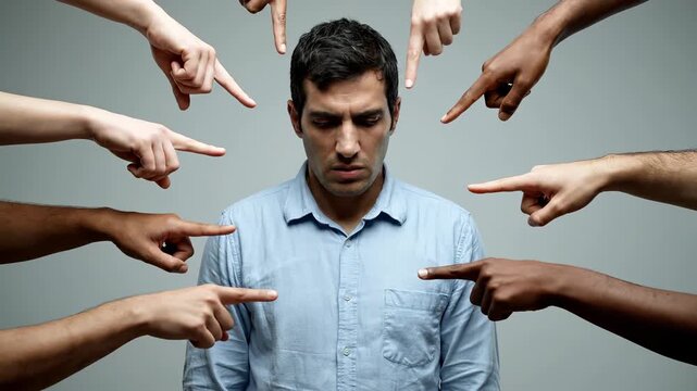 A man is targeted with pointing fingers on grey background. A symbolic image of blame and shame. Social issues, mobbing, anxiety.