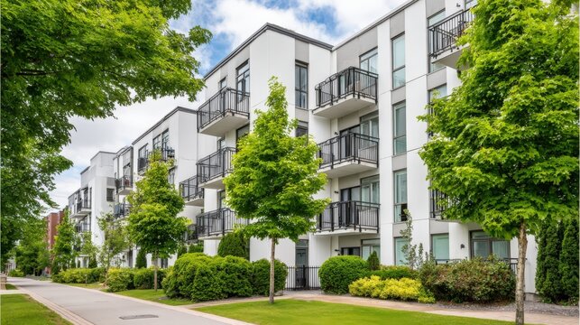 Modern Apartment Building Exterior with Balconies and Green Landscaping on a Sunny Day - Powered by Adobe