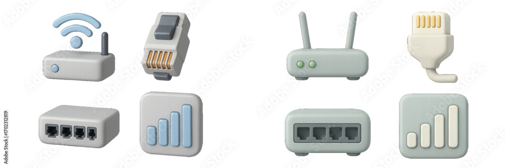 Poster internet and network technology icon set with router, wi-fi signal, connection cable, and hub isolat