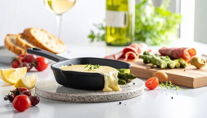 Melted raclette cheese in a mini skillet, with charcuterie, bread, and wine. Perfect for entertaining.