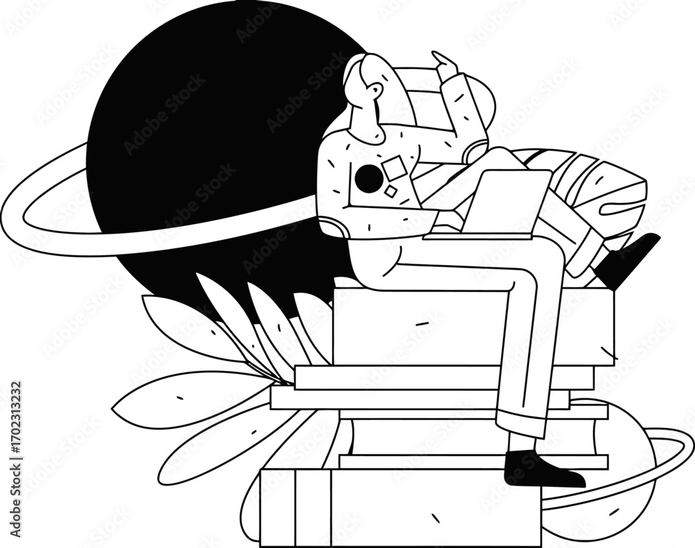 Poster creative thinker deep in thought, using laptop on stack of books, surrounded by abstract cosmic elem