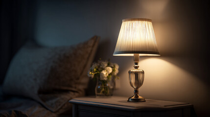 A bedside lamp with a pleated shade illuminating a nightstand next to a bed in a dark room