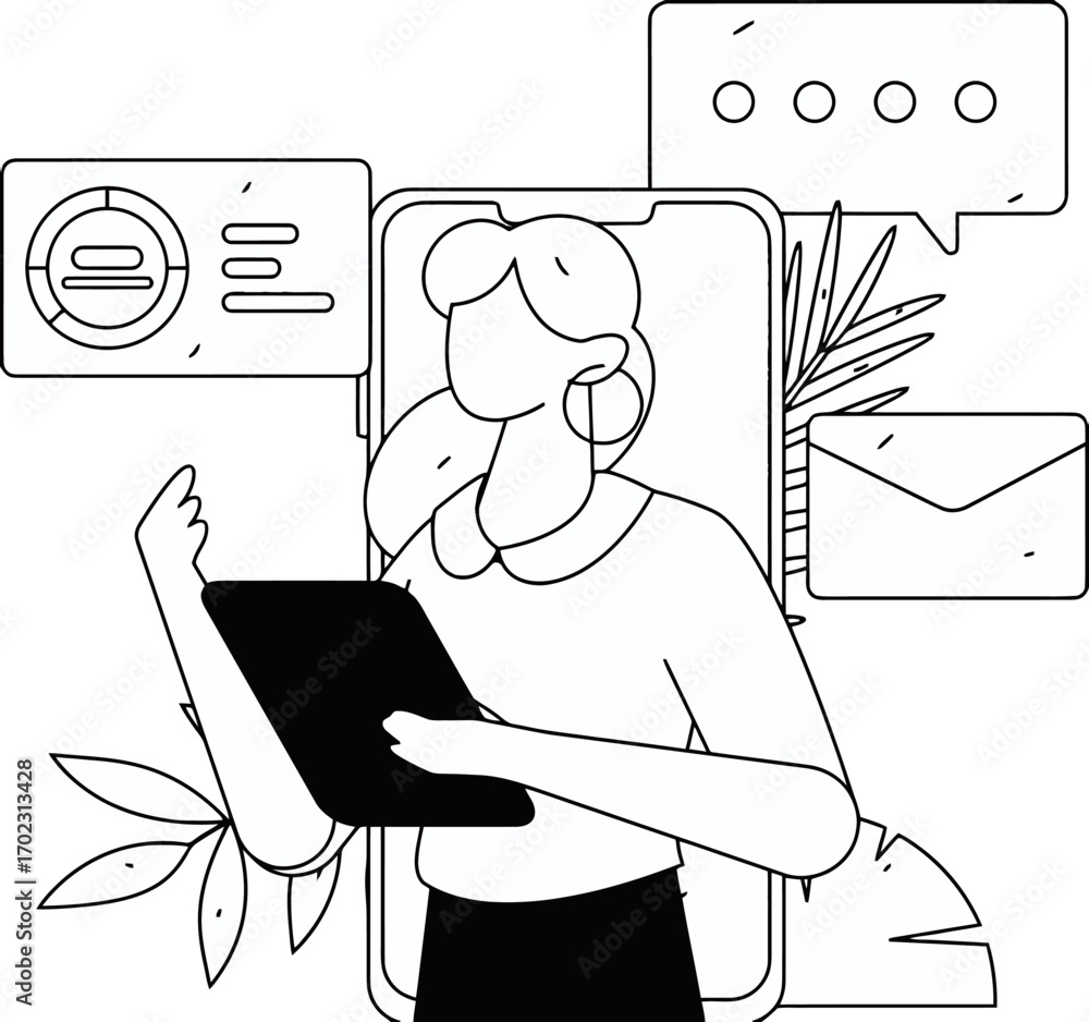 Poster modern professional woman analyzing data charts and engaging in digital communication on a tablet wi