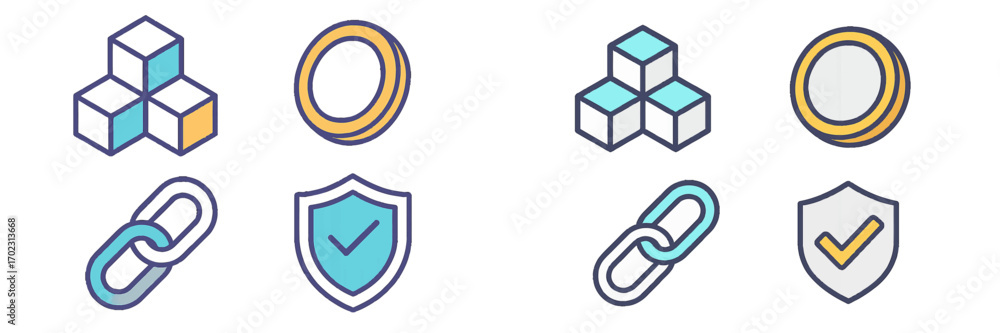 Fototapete digital data blocks, secure shield, hyperlink chain, and circular element symbols representing moder