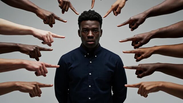 Black man surrounded by fingers pointing at him in studio. A powerful portrayal of blame, shame, and accusation. Social pressure, accountability, scapegoat.