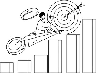 Ambitious entrepreneur soaring on paper plane towards success target, symbolizing growth, achievement, and financial goals amidst rising bar charts