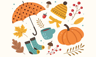 Cozy Autumn Clipart And Fall Pumpkins, Leaves, Umbrella  Seasonal Elements