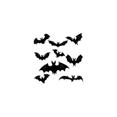 Halloween bat set in silhouette style. Hanging and flying cartoon bats with scary and cute elements.