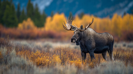 A large moose standing in a field with yellow trees and a blue sky in the background outdoors