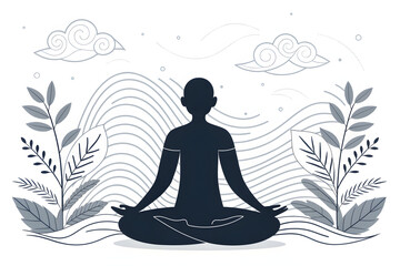 Minimalist Line Art of Person Meditating with Abstract Waves and Plants