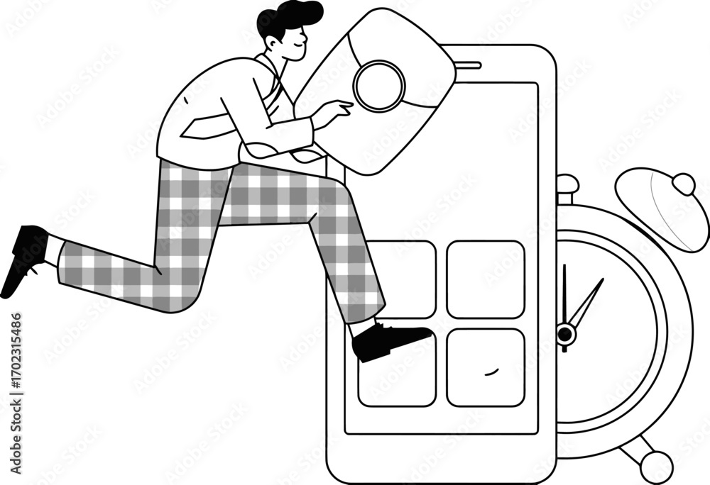 Poster dynamic businessman sprints towards digital success with search magnifying glass over modern smartph