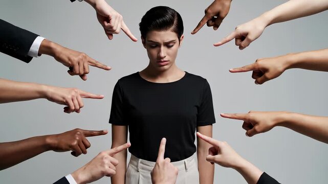 A young woman looking down, is being accused with pointing fingers. An image reflecting guilt and shame. Feeling of isolation, responsibility, blaming.