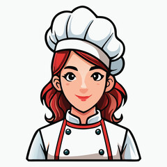 Cheerful woman chef with red hair dons a white chef's hat and jacket
