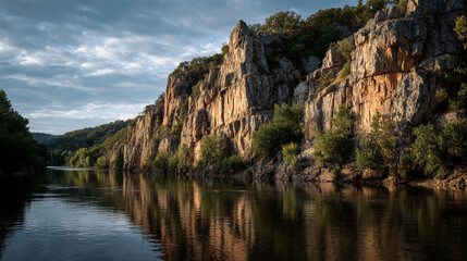 Calm river reflecting rocky cliffs with trees under a cloudy sky in a scenic landscape view
