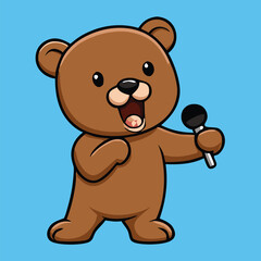 Cheerful teddy bear confidently sings into the microphone against a light blue background