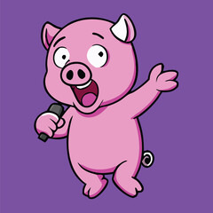 Naklejka premium Cheerful pink cartoon pig sings joyfully, holding microphone against vibrant purple background