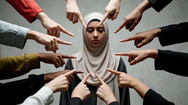 Young woman in hijab facing accusations. An emotive portrait conveying stress and pressure. Social stigma, prejudice, mental health.
