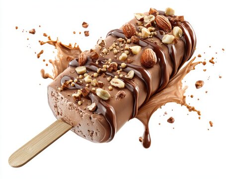 Delicious chocolate ice cream bar with nuts and chocolate drizzle splashing
