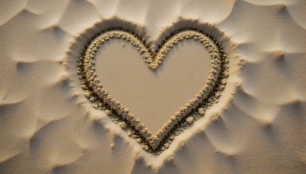 A perfectly carved heart shape etched into the rippled, golden sand, symbolizing a deep and lasting affection or a beautiful moment captured on a serene beach.

