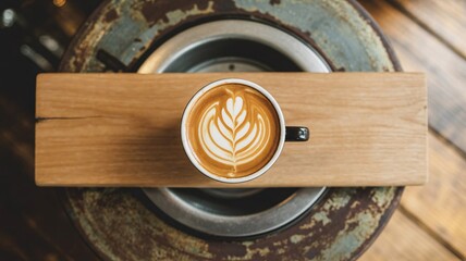 Top View of Latte Coffee with Leaf Latte Art on Wooden Board