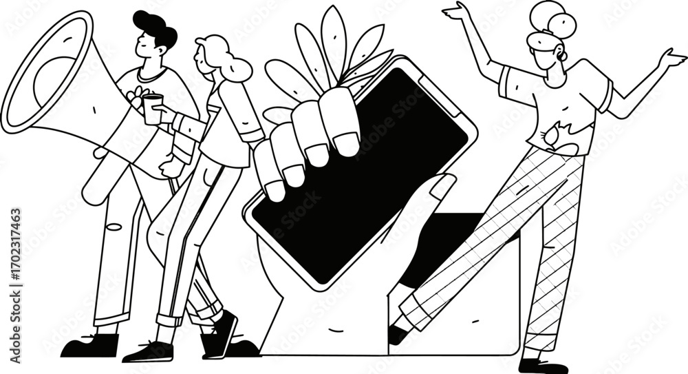 Poster dynamic team promoting a new app with megaphone and smartphone, creating excitement and buzz, modern