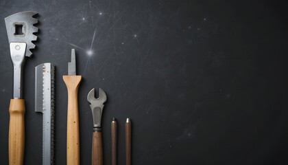 Vintage Hand Tools on a Dark Surface with Subtle Starry Background