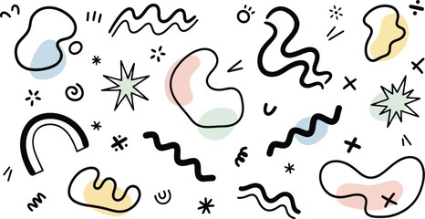 An arrangement of abstract shapes and doodles, including blobs with pastel fills, stars, squiggles, and other hand-drawn elements on a white background.