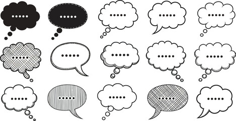 Collection of fifteen speech bubbles in various shapes and styles, some filled with texture, all containing placeholder text.