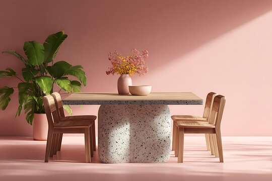 Minimalist Interior with Table Setting: This image showcases a minimalist interior design featuring a dining table setting, with natural light casting interesting shadows on the wall.