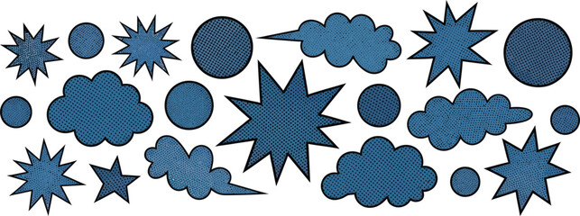 A collection of stylized blue shapes including stars, circles, and clouds arranged horizontally on a white background.