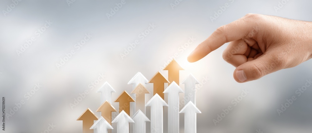 Poster hand tapping on interactive business graph with arrows illustrating growth and success in a professi