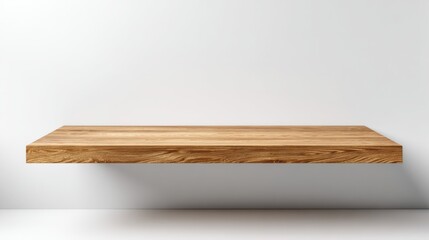 Minimalist Floating Wooden Shelf on White Wall for Product Display and Interior Design Mockup