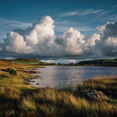 Fototapeta premium Tranquil lake nestled beneath a dramatic sky