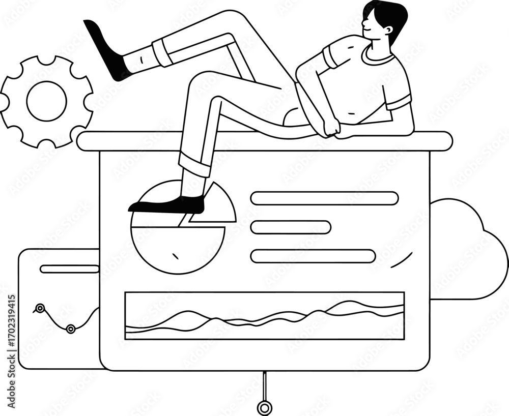 Aufkleber young professional relaxing on data dashboard, visualizing growth strategy with innovative technolog
